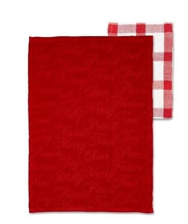 Christmas Script Tea Towel Set of 2 with Cookie Cutter Red