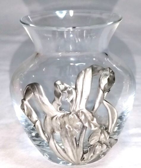 Vintage Seagull Pewter Iris on Glass Vase | 1972