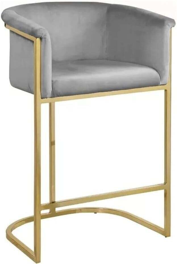 Modern Gray Velvet Stool with Gold Steel Frame