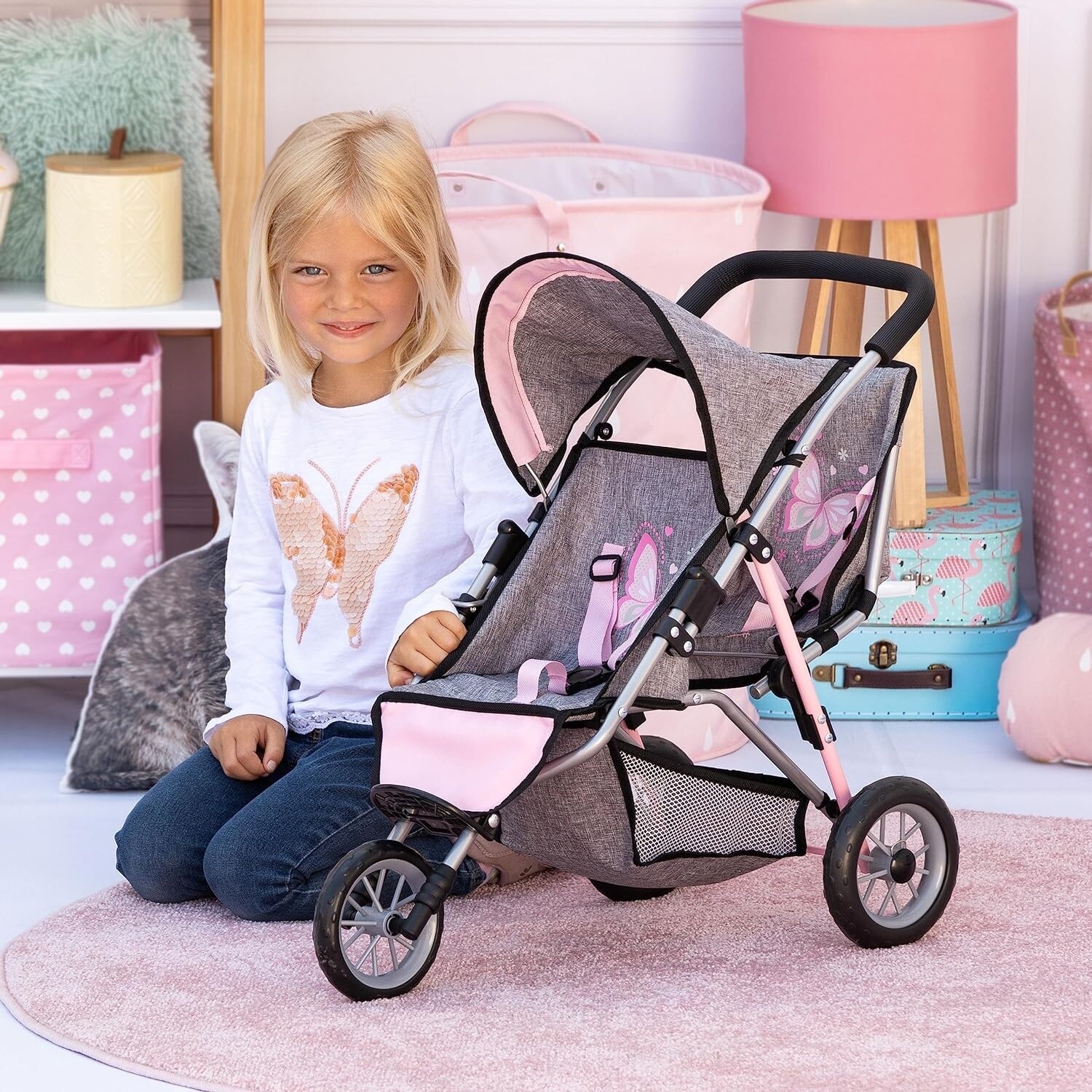 Bayer Design - Twin Dolls Pram Duo Grey Pink Butterfly