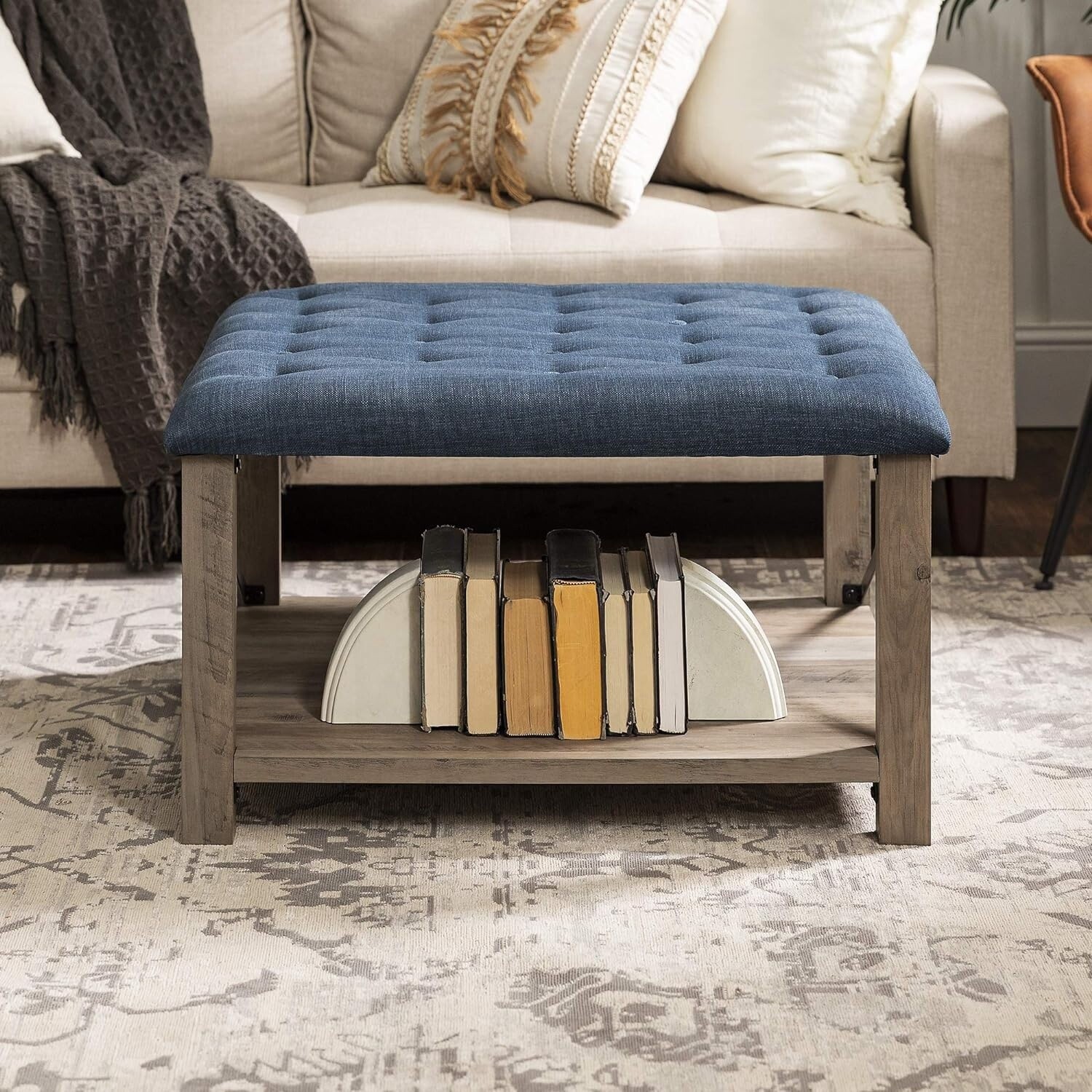Walker Edison Cambridge Modern Farmhouse Metal-X Tufted Ottoman