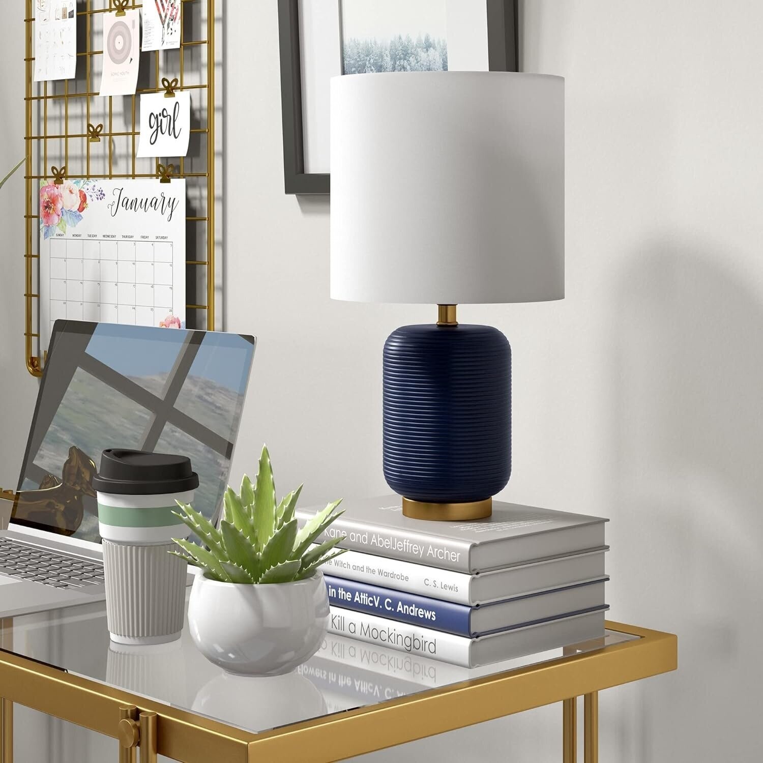 Lambert 15&quot; Tall Ceramic Mini Lamp with Fabric Shade in Matte Navy/White