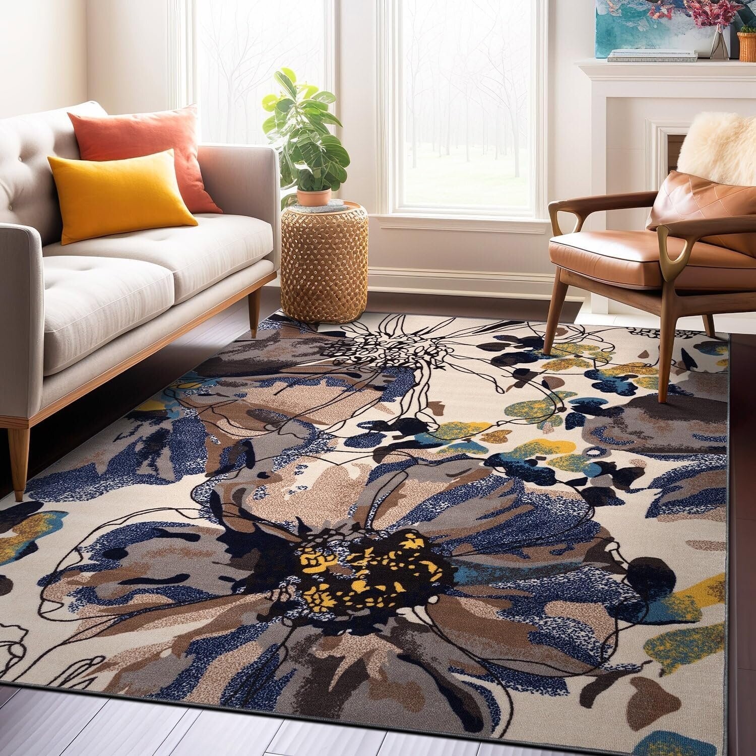 Rugshop Flowers Non-Slip Area Rug, 6&#39; 6&quot; x 9&#39;, Cream