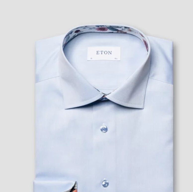 Eton Light Blue Signature Twill Shirt - Floral Contrast Details, Size: 39 / 15 1/2