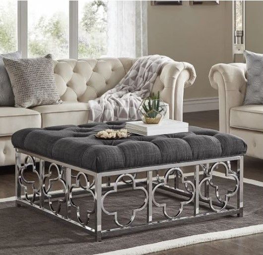 Solene Chrome Quatrefoil Base Square Ottoman Coffee Table