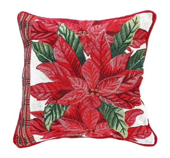 Christmas Tapestry Cushion Poinsettia Plaid 18X18