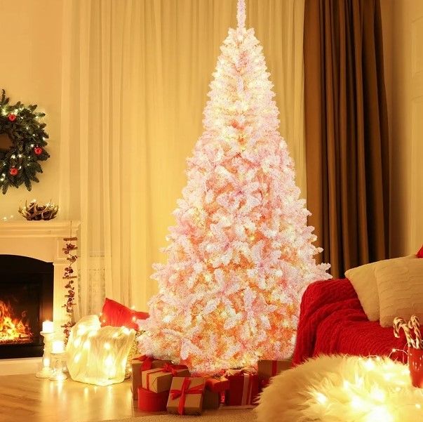 Costway 7.5FT Pre-Lit Snow Flocked Pink Christmas Tree
