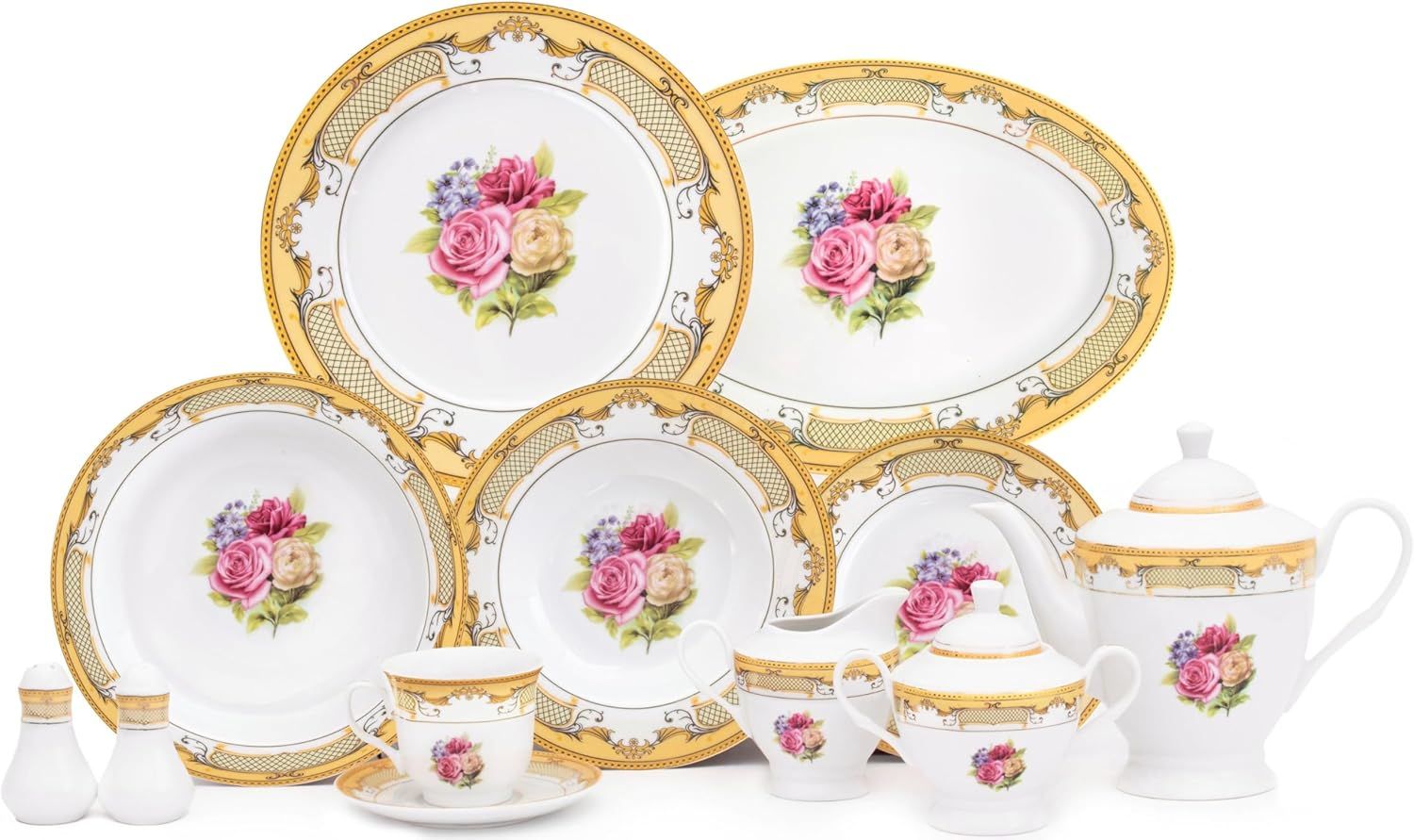 Royalty Porcelain 49pc Dinner Set, Pale Roses