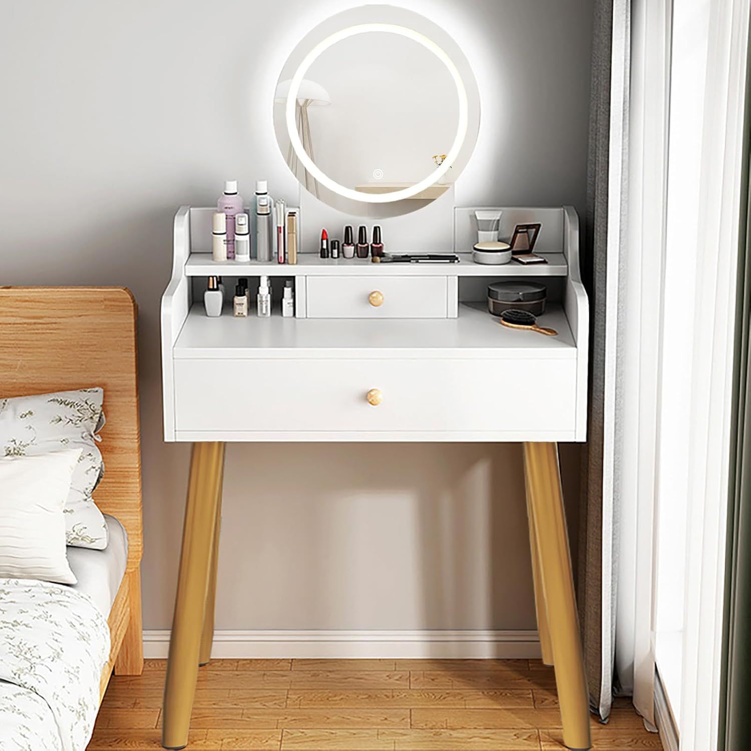 *Vanity Desk Dressing Table with Touch Screen Light-Up Mirror
