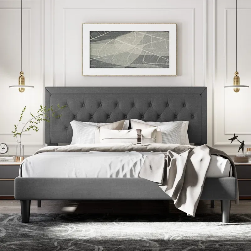 Hegg Tufted Upholstered Platform Bed, King, Dark Grey