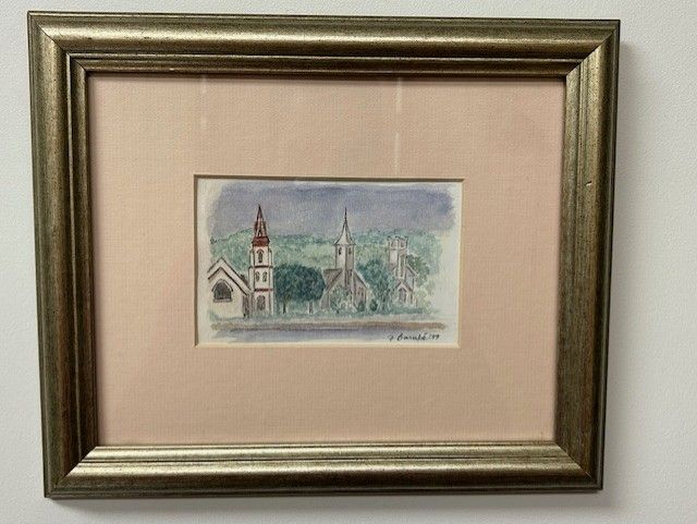Barabe Framed Watercolor, 3 Churches of Mahone Bay