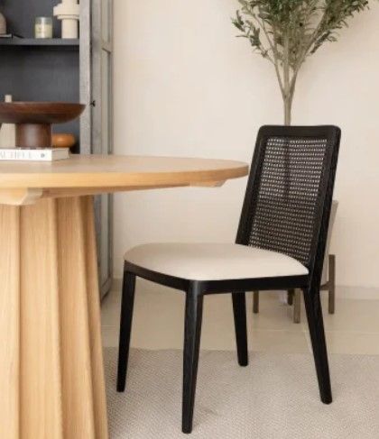SET OF 2 Rod Cane Dining Chairs; Oyster Linen &amp; Black Legs