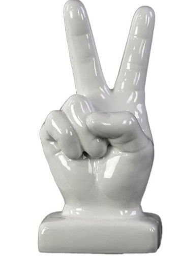 Ceramic Peace Hand Sign Decor on Base, Gloss White