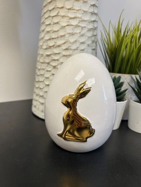 Ceramic Egg with Gold Bunny; 5.5&quot; H