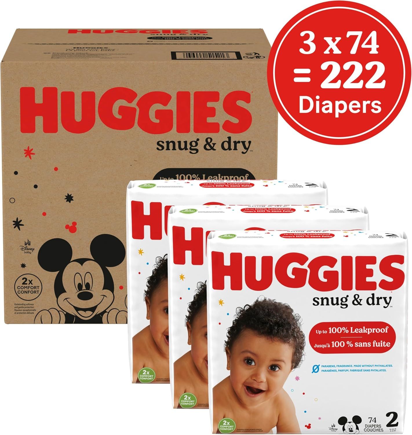 Huggies Snug &amp; Dry Baby Diapers, Size 2, 222 Count