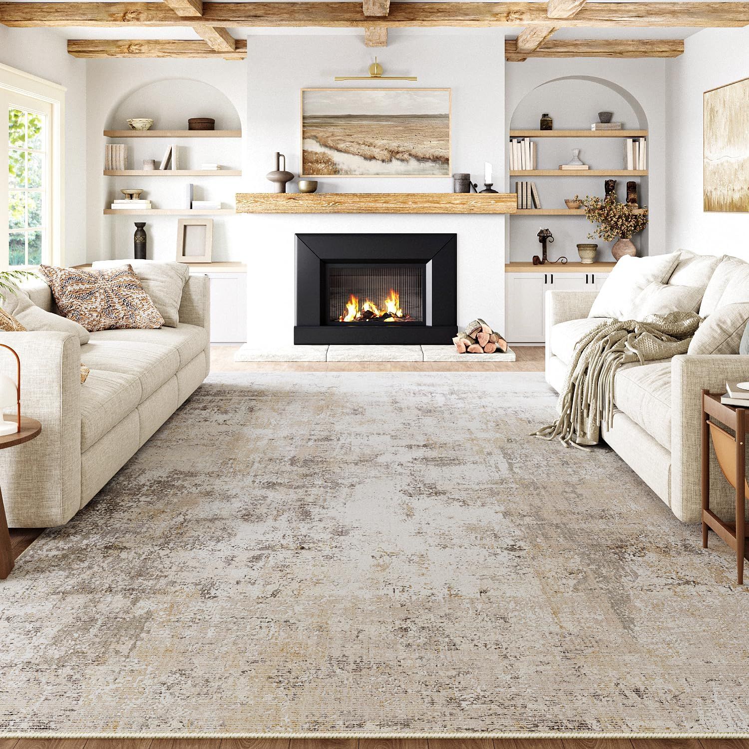 Washable Abstract Area Rug, Beige/Grey, 8&#39;x10&#39;