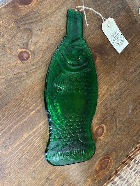 Green Fish Flattened Bottle Hanging Decor, Pressed Glass Art