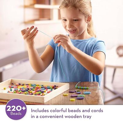 Melissa &amp; Doug Bead Bouquet Deluxe Wooden Bead Set, Arts &amp; Crafts, Handy Wooden Tray, 220 Beads and 8 Cord