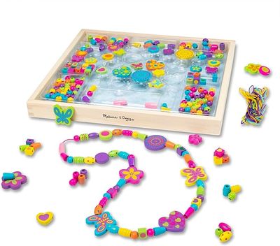Melissa &amp; Doug Bead Bouquet Deluxe Wooden Bead Set, Arts &amp; Crafts, Handy Wooden Tray, 220 Beads and 8 Cord