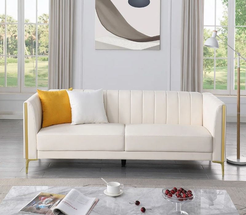 Dreiling 77.6&quot;W Faux Leather Tuxedo Arm Sofa w/ Black Legs