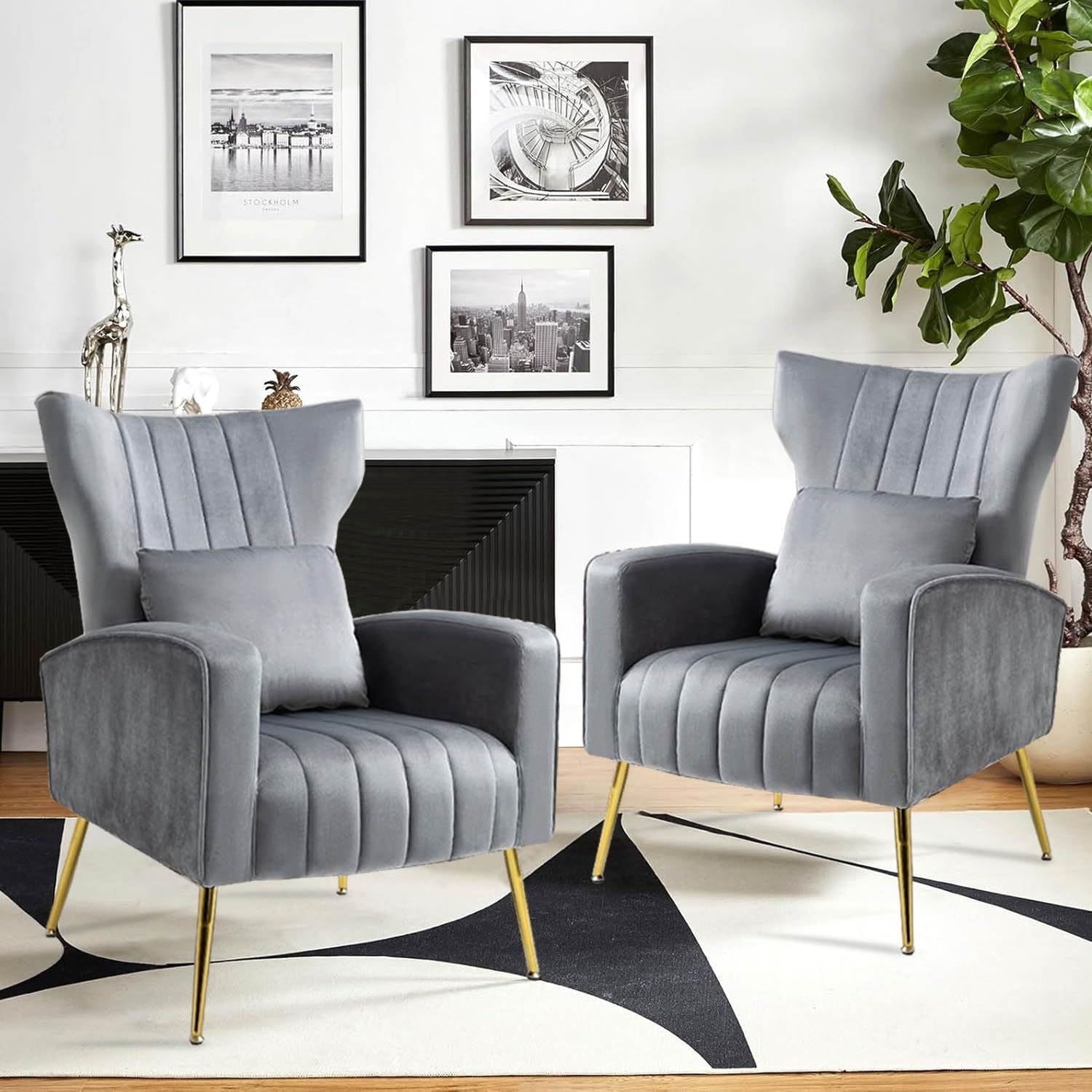 SET of 2; Etta Avenue Floreal Velvet Wingback Chairs, Grey