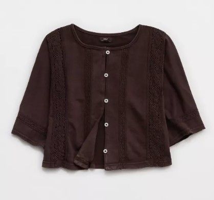 Aerie Short Sleeve Crochet Cardigan, Size: X-Small, Color: Deep Earth