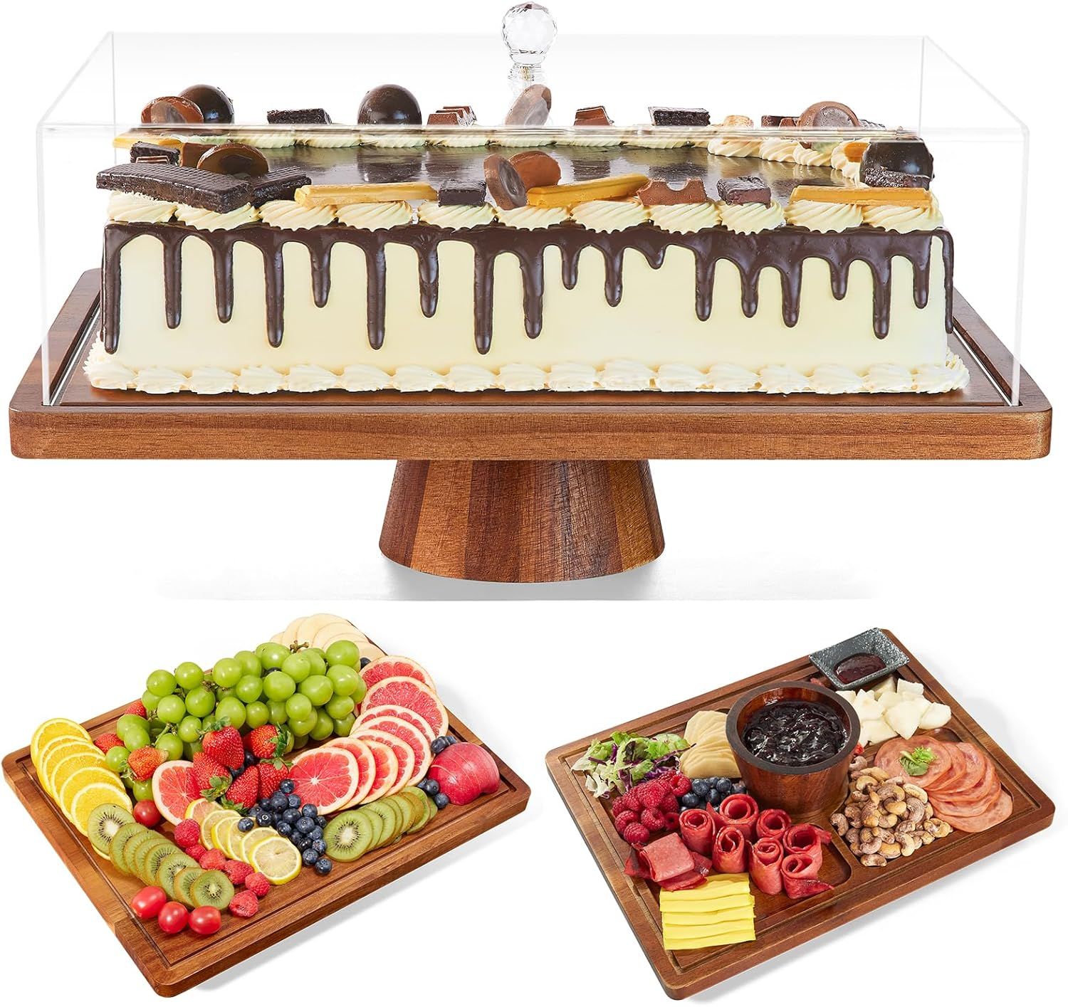 Acacia Wood Cake Stand &amp; Shatterproof Cover