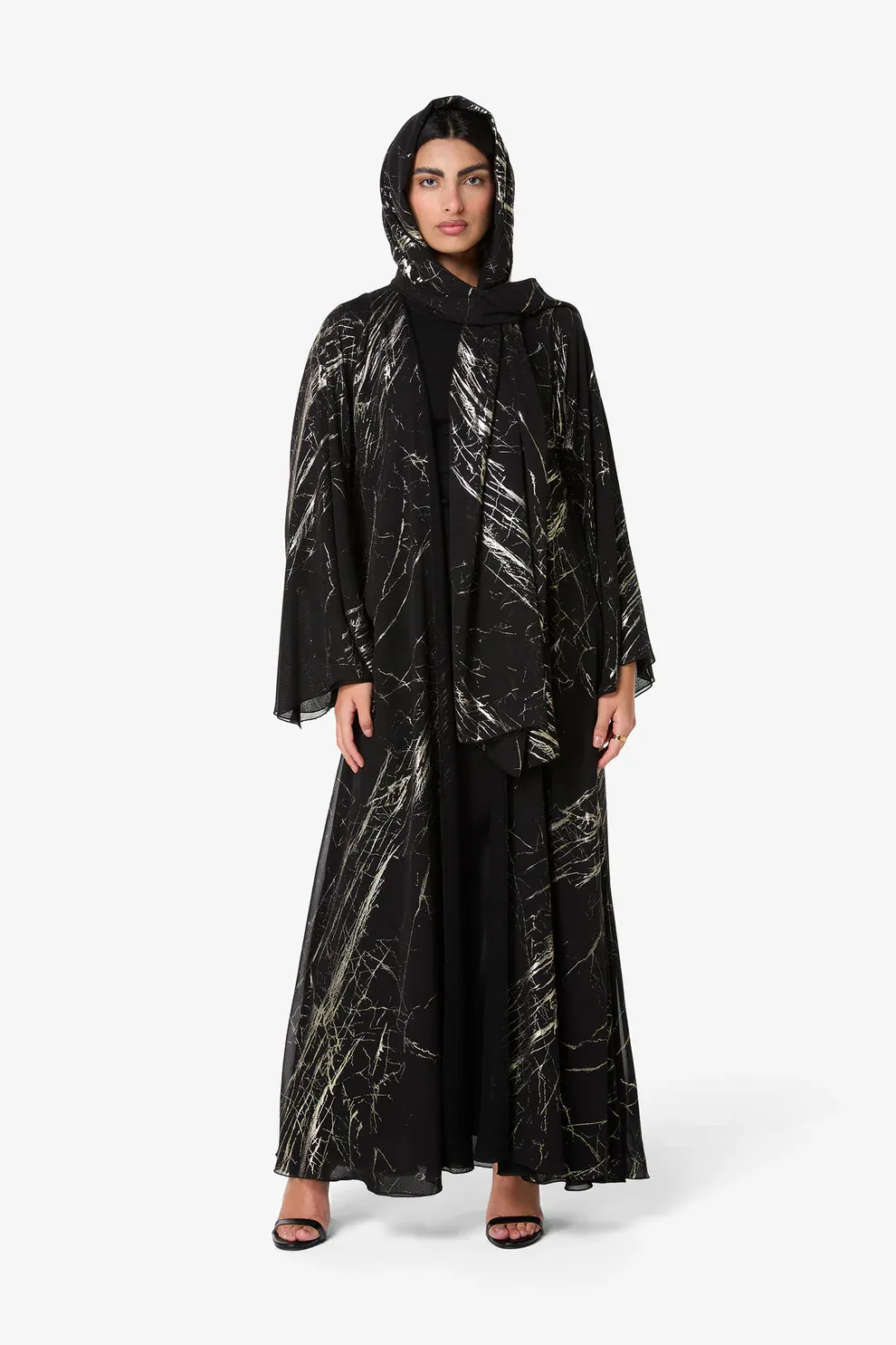 AMAALEEY Black Marble Print Abaya w/ Matching Headscarf
