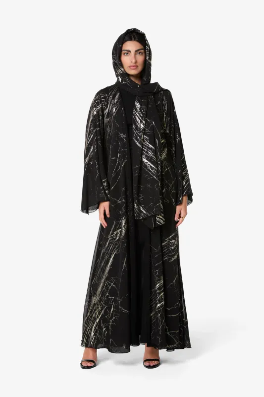 AMAALEEY Black Marble Print Abaya w/ Matching Headscarf