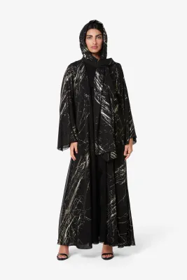 AMAALEEY Black Marble Print Abaya w/ Matching Headscarf