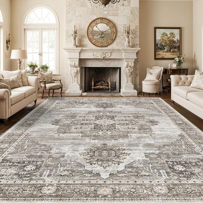 10x14 Grey Machine Washable Boho Area Rug