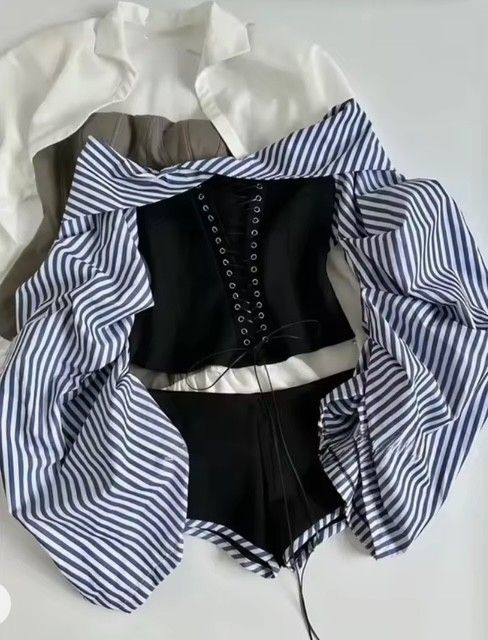 Striped Pleated Shirt + Shorts Set, Size: Small