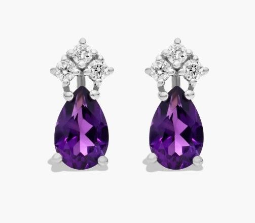 Pear Shape Amethyst Tri-Diamond Stud Earrings