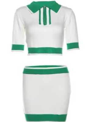 2 Piece Polo Neck Short Sleeve Crop Top+Skirt