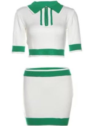 2 Piece Polo Neck Short Sleeve Crop Top+Skirt