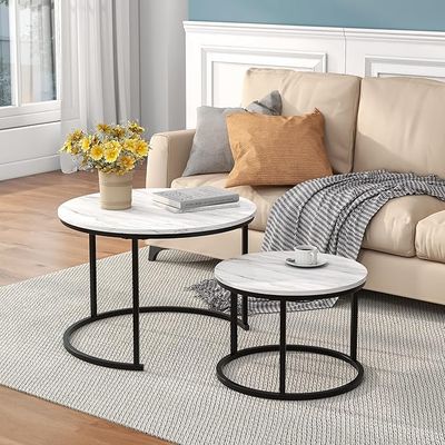 HOJINLINERO Round Set of 2 Coffee Tables, White/Black
