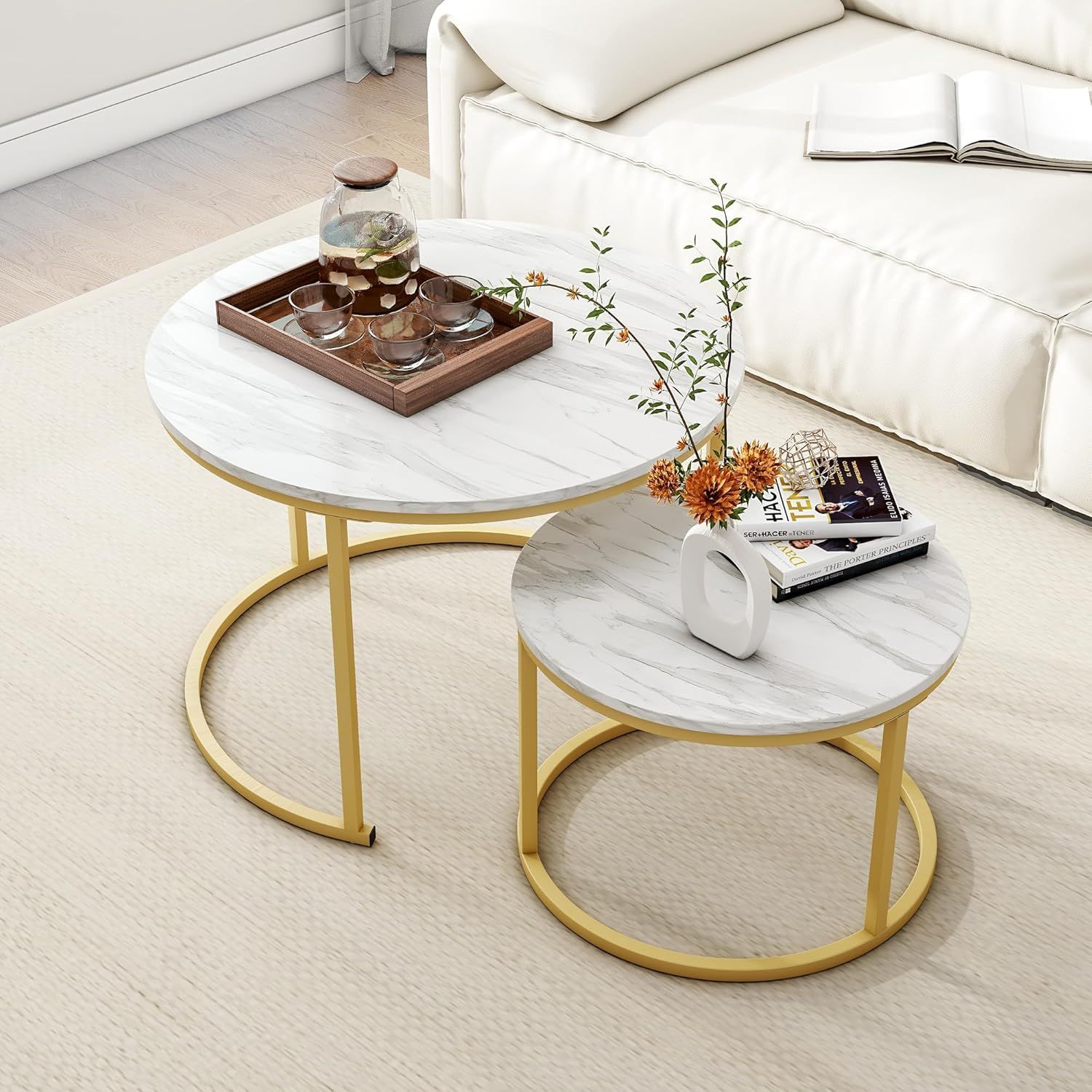 HOJINLINERO Round Set of 2 Coffee Tables, White/Gold