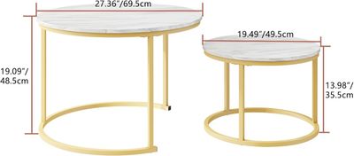 HOJINLINERO Round Set of 2 Coffee Tables, White/Gold