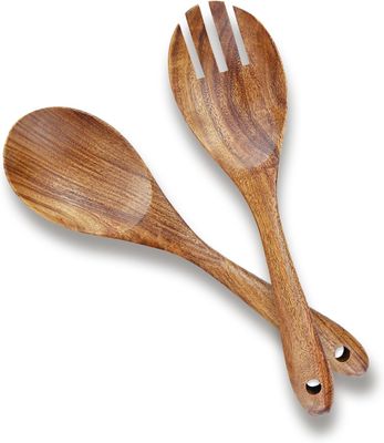 Acacia Wood Salad Tongs; Fork &amp; Spoon