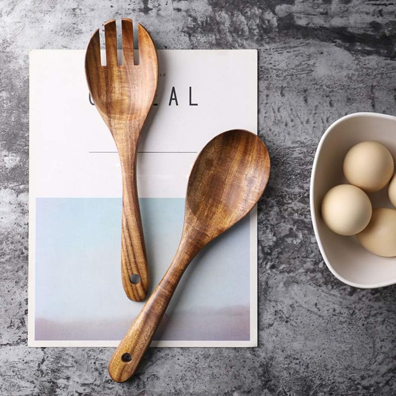 Acacia Wood Salad Tongs; Fork &amp; Spoon