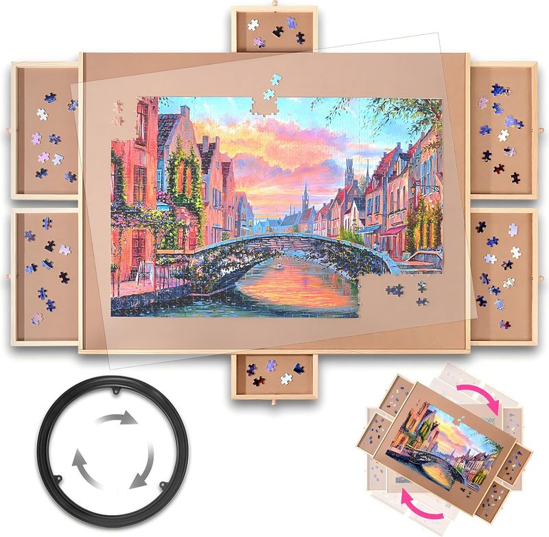 LAYAONE 1500PCS Rotating Wooden Jigsaw Puzzle Board
