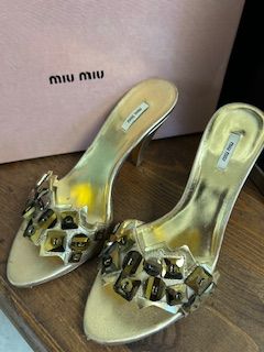 *Imperfect* Miu Miu Pradda Gold Slip On Heels