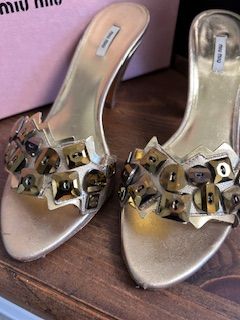 *Imperfect* Miu Miu Pradda Gold Slip On Heels