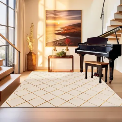 Nikica Latitude Run White and Gold Checkered Rug, 7'10" Square