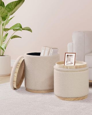 Set of 2; Round Boucle Storage Ottomans with Trays
