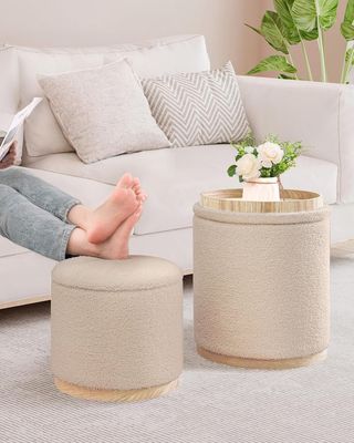 Set of 2; Round Boucle Storage Ottomans with Trays