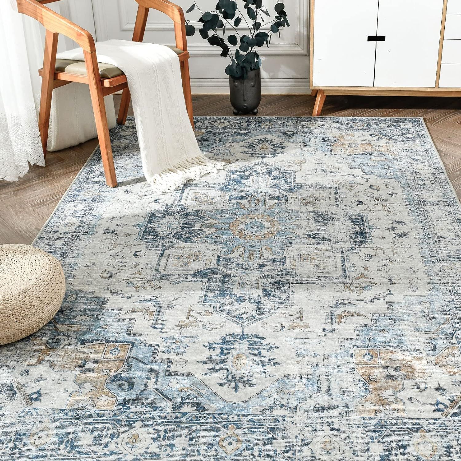 Jinchan Washable 6x9' Vintage Blue Rug