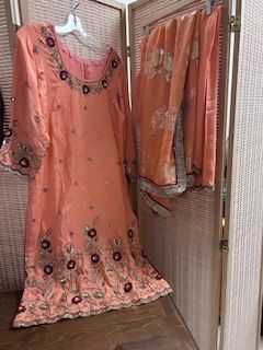 3 Piece Set; Peach Coral Embroidered