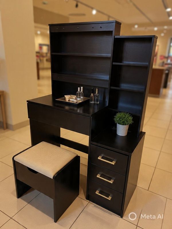 Black Makeup Open Vanity Unit with Storage Stool