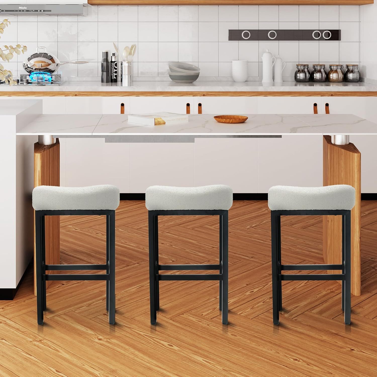 DYHOME Set of 3 Modern Boucle Counter Height Bar Stools